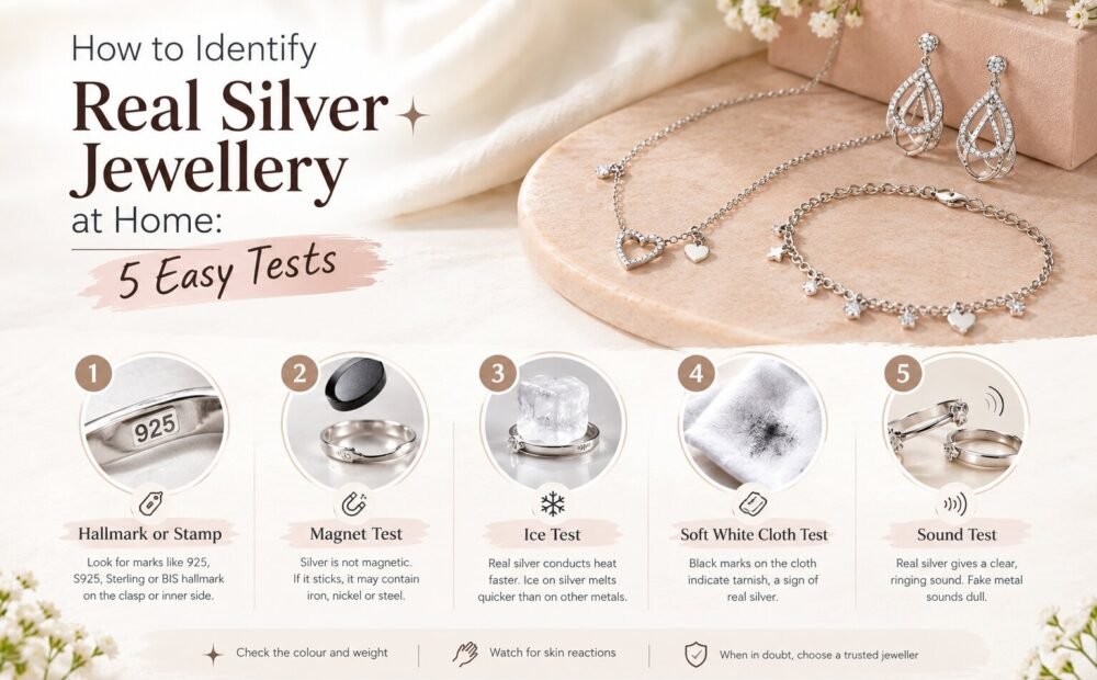 5 easy tests to identify real silver jewellery at home: hallmark, magnet, ice, cloth and sound test by ANVI Silver