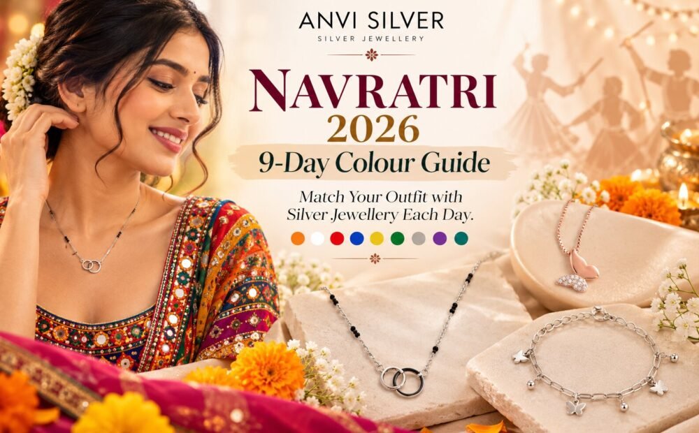 Navratri 2026 nine day colour guide with silver jewellery by ANVI Silver, woman wearing silver mangalsutra pendant with traditional outfit