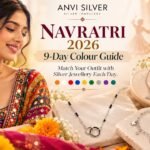 Navratri 2026 nine day colour guide with silver jewellery by ANVI Silver, woman wearing silver mangalsutra pendant with traditional outfit